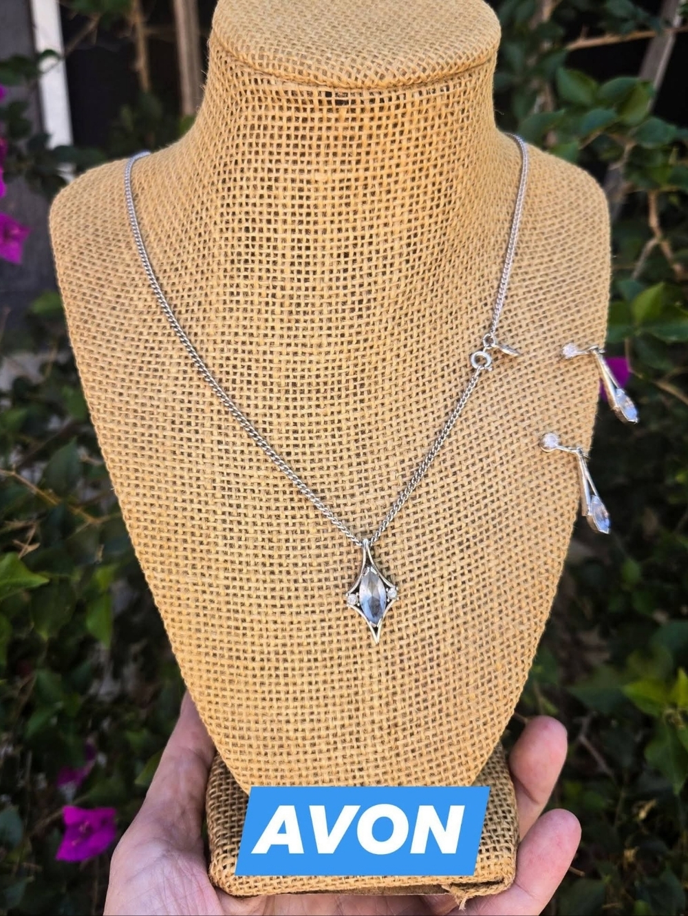Vintage Signed Avon Silver-Tone Marquise Geometric Pendant Necklace & Earrings